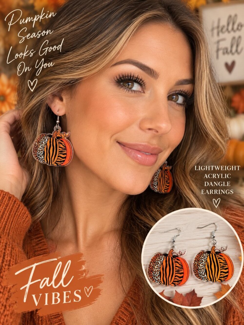 Pumpkin Earrings Leopard Zebra Tiger Print Acrylic Dangle Fall Thanksgiving Chic